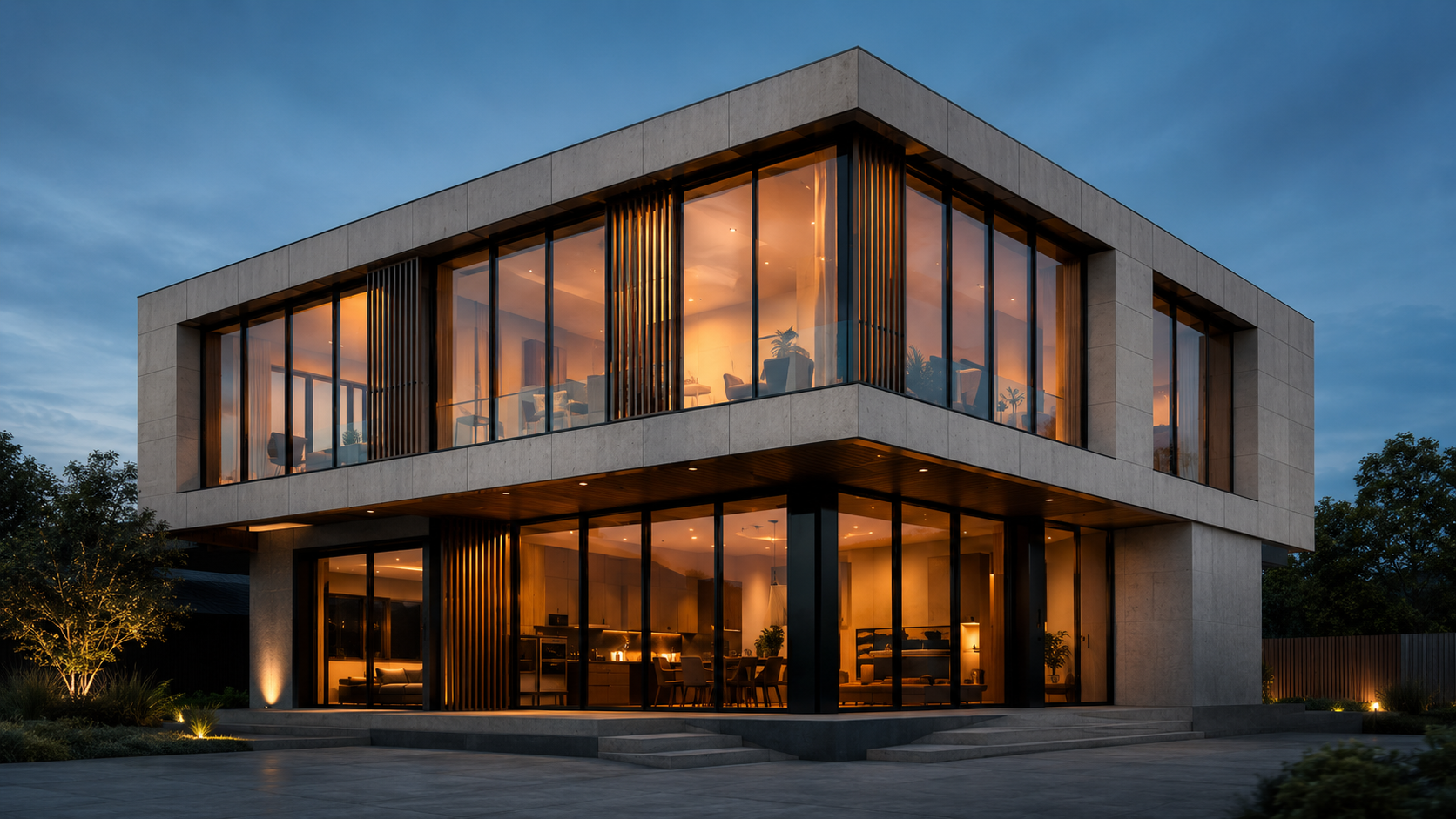 Modern glass and concrete home lit at dusk — an example of a launched website project