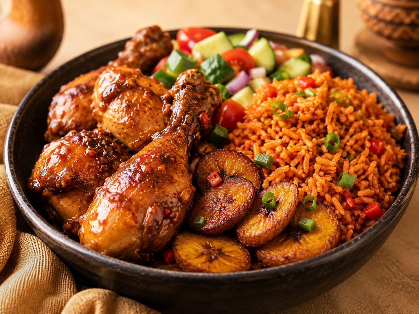 Plated West African jollof rice, grilled chicken and plantain